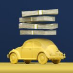 a yellow car with stacks of money on top of it